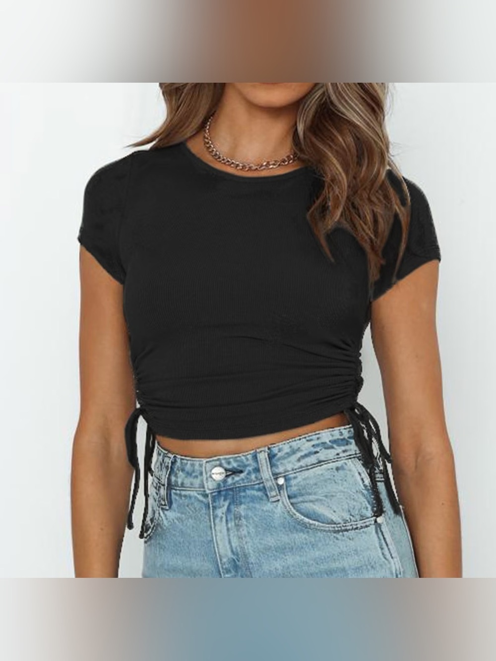 Black Ruched Side-Tie Crop Top Bathing suit- Women
